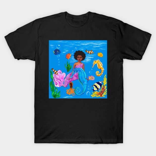 Mermaid and fish - Coco the Magical rainbow mermaid with brown eyes,  Afro hair in and caramel brown skin T-Shirt by Artonmytee